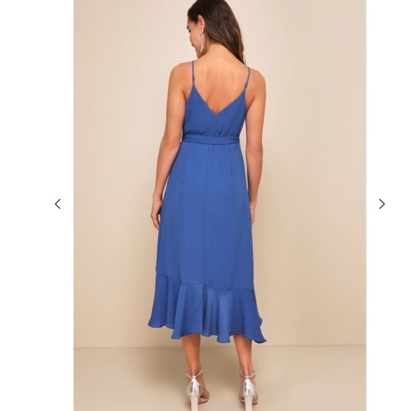 Lulus Manhattan Moment Blue Ruffled Midi Wrap Dress - Blue - Size Medium - Picture 3 of 16